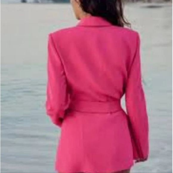 ZARA BELTED TUXEDO COLLAR BLAZER NEON FUSCHIA - Picture 5 of 13